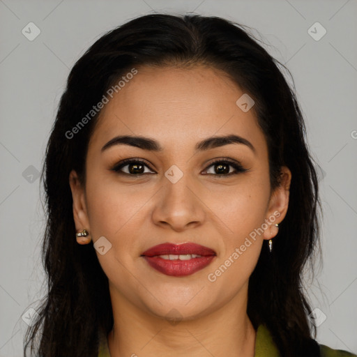 Joyful latino young-adult female with long  brown hair and brown eyes