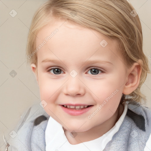 Joyful white child female with medium  brown hair and blue eyes