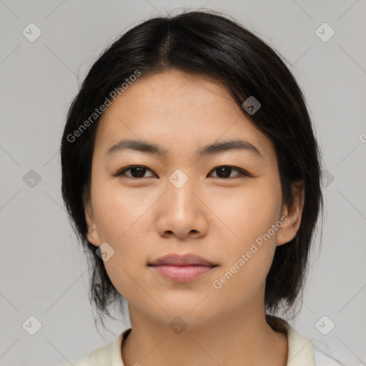 Neutral asian young-adult female with medium  black hair and brown eyes