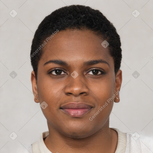 Joyful black young-adult female with short  black hair and brown eyes