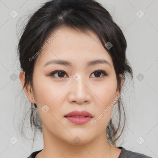 Neutral asian young-adult female with medium  brown hair and brown eyes