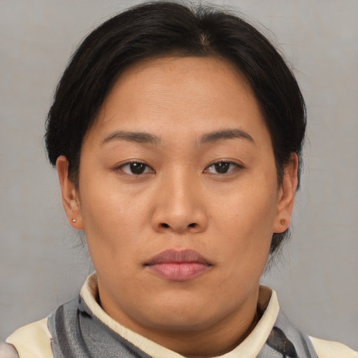 Neutral asian young-adult female with short  brown hair and brown eyes