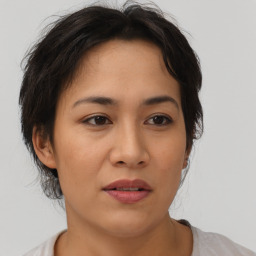 Neutral asian young-adult female with medium  brown hair and brown eyes