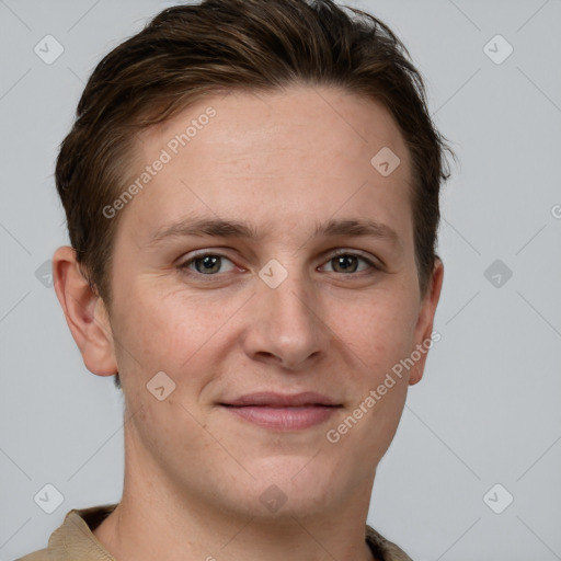 Joyful white young-adult female with short  brown hair and grey eyes