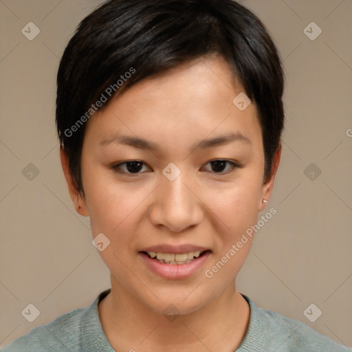 Joyful asian young-adult female with short  black hair and brown eyes