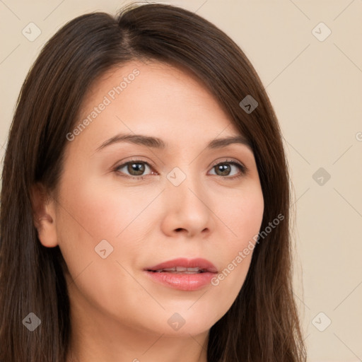 Neutral white young-adult female with long  brown hair and brown eyes