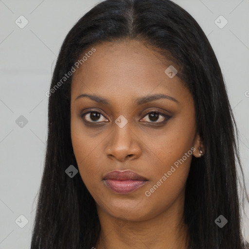 Neutral asian young-adult female with long  brown hair and brown eyes