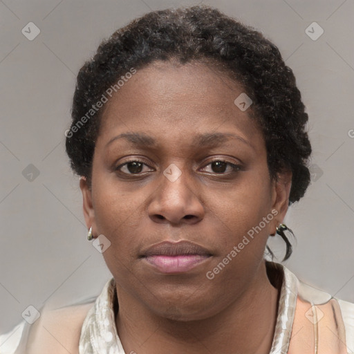 Neutral black young-adult female with short  brown hair and brown eyes