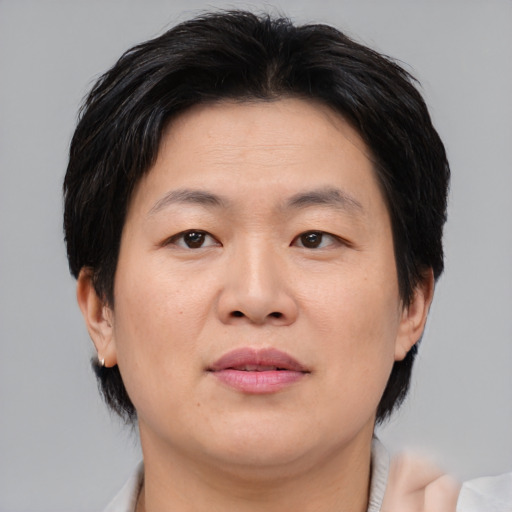 Joyful asian adult female with medium  brown hair and brown eyes