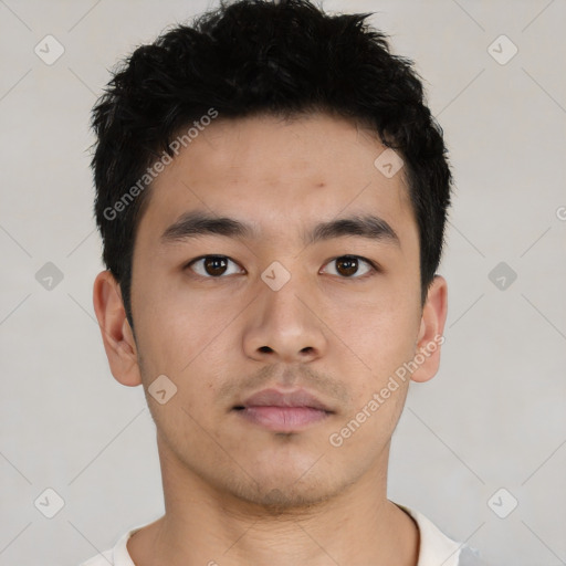 Neutral asian young-adult male with short  brown hair and brown eyes