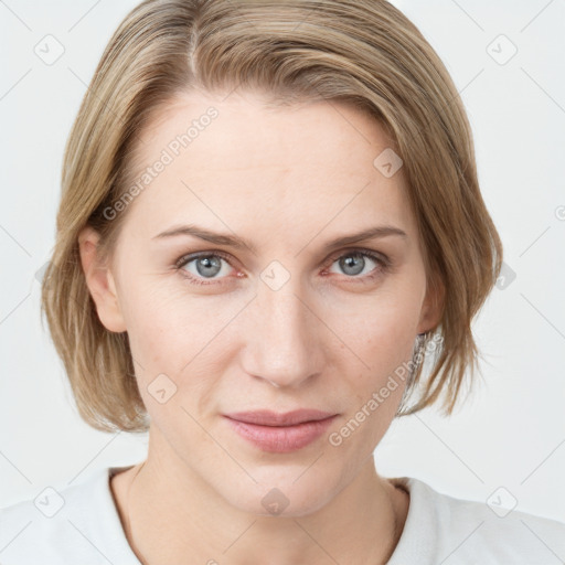 Joyful white young-adult female with medium  brown hair and blue eyes