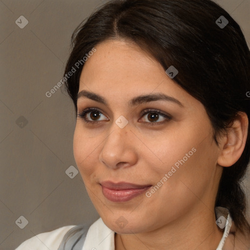 Joyful white young-adult female with medium  brown hair and brown eyes