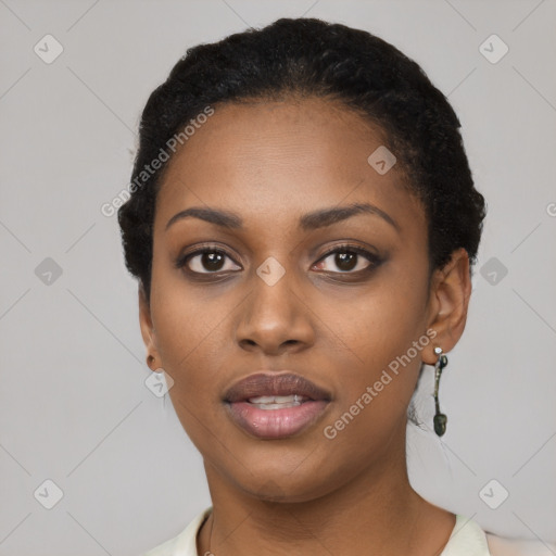 Neutral black young-adult female with short  black hair and brown eyes