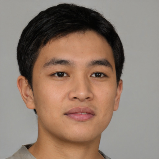 Neutral asian young-adult male with short  black hair and brown eyes