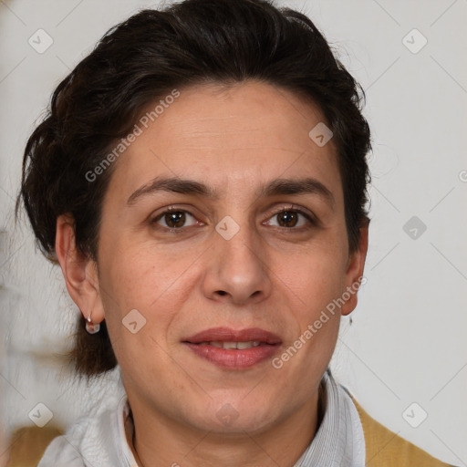 Joyful white adult female with short  brown hair and brown eyes