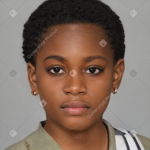 Neutral black young-adult female with short  black hair and brown eyes