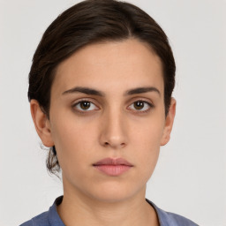 Neutral white young-adult female with short  brown hair and brown eyes