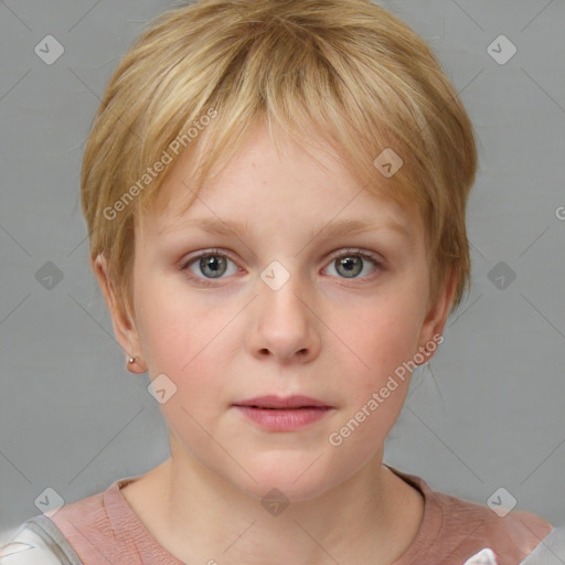 Neutral white child female with short  blond hair and blue eyes