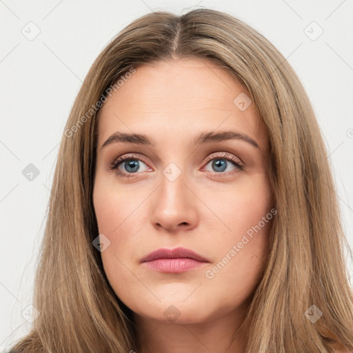 Neutral white young-adult female with long  brown hair and brown eyes