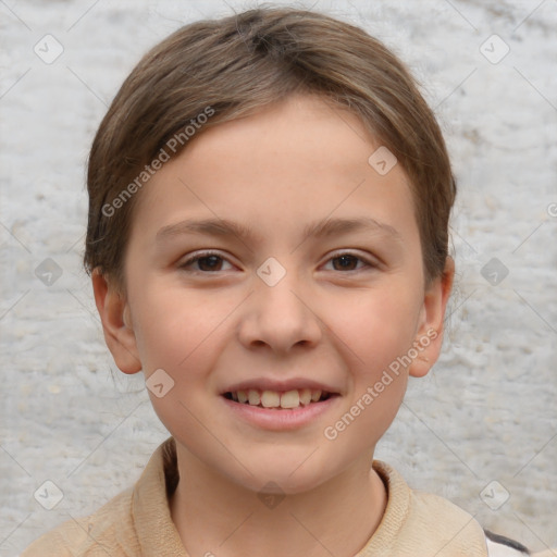 Joyful white child female with short  brown hair and brown eyes