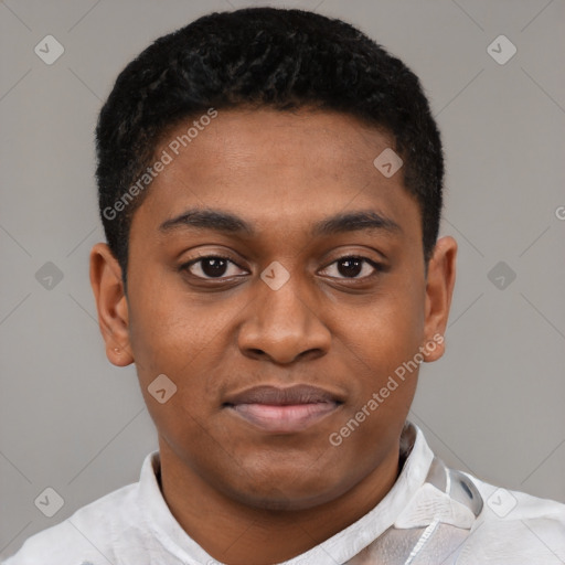 Joyful latino young-adult male with short  brown hair and brown eyes