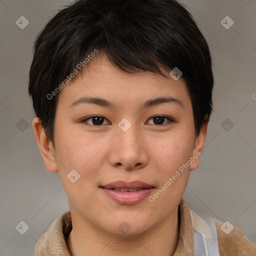 Joyful asian young-adult female with short  brown hair and brown eyes