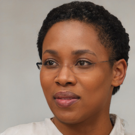 Joyful black young-adult female with short  black hair and brown eyes