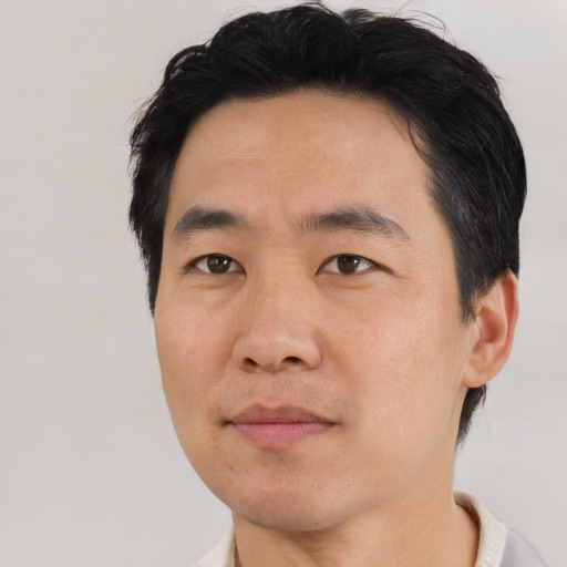 Joyful asian adult male with short  black hair and brown eyes