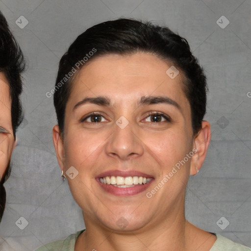 Joyful white young-adult female with short  brown hair and brown eyes