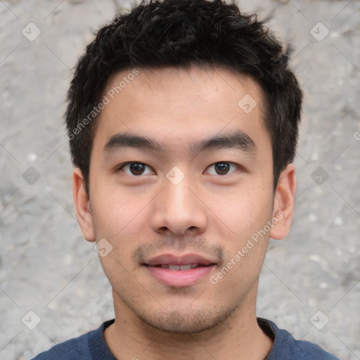 Neutral asian young-adult male with short  black hair and brown eyes