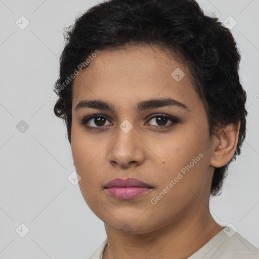 Neutral latino young-adult female with short  brown hair and brown eyes