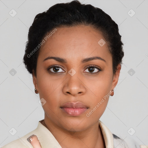 Neutral latino young-adult female with short  black hair and brown eyes