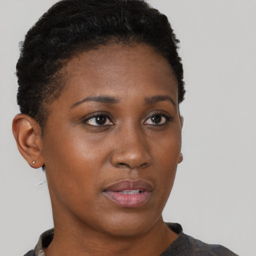 Neutral black young-adult female with short  brown hair and brown eyes