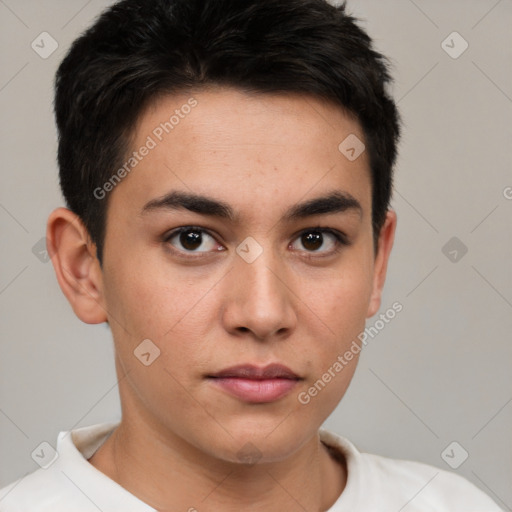 Neutral white young-adult male with short  brown hair and brown eyes