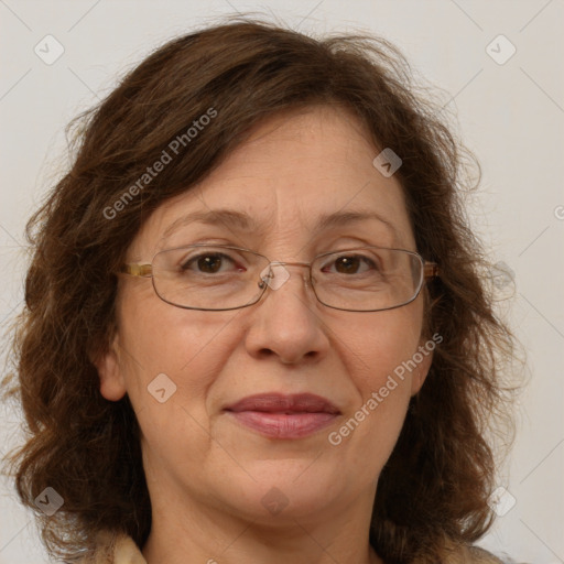 Joyful white middle-aged female with medium  brown hair and green eyes