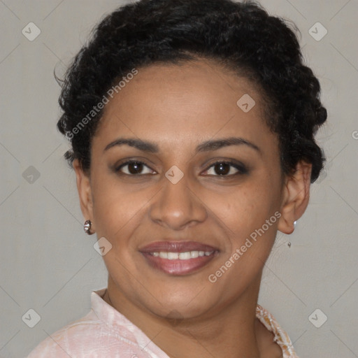 Joyful latino young-adult female with short  brown hair and brown eyes