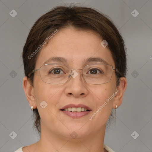 Joyful white adult female with medium  brown hair and brown eyes