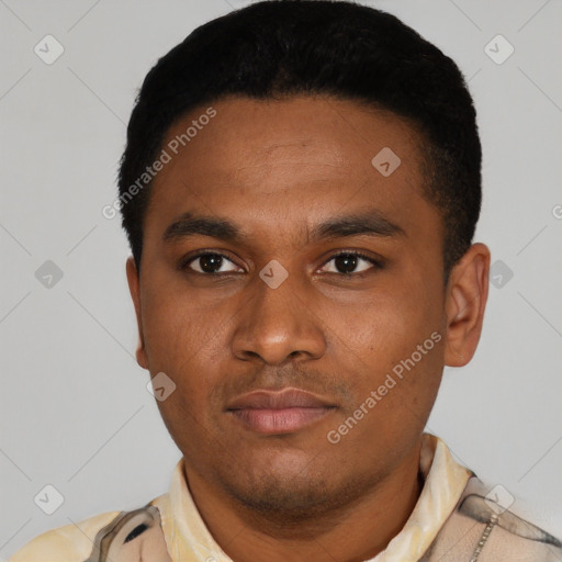 Neutral latino young-adult male with short  black hair and brown eyes