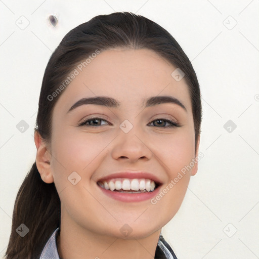 Joyful white young-adult female with long  black hair and brown eyes