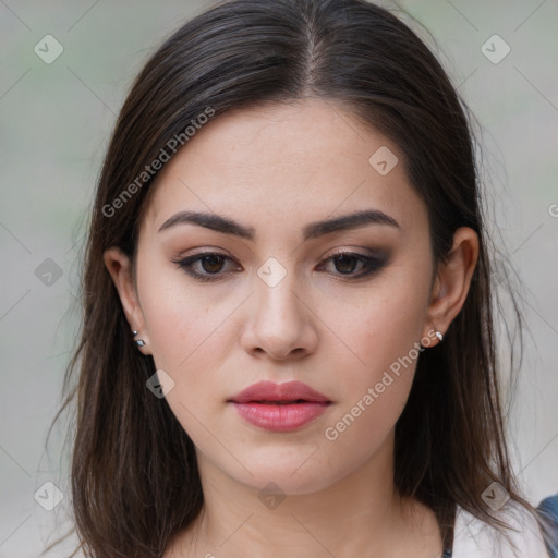 Neutral white young-adult female with medium  brown hair and brown eyes