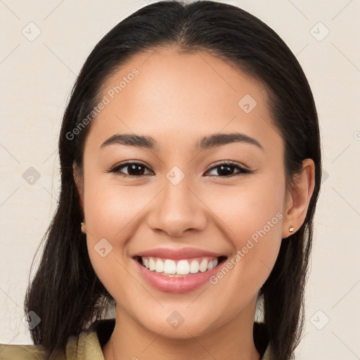 Joyful white young-adult female with long  brown hair and brown eyes