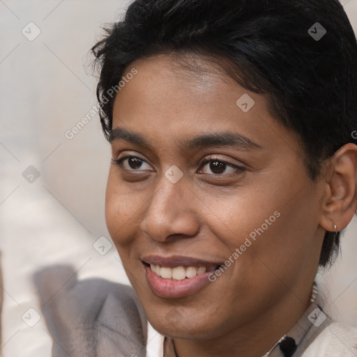 Joyful white young-adult female with short  brown hair and brown eyes