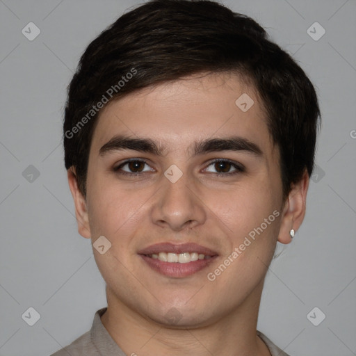 Joyful white young-adult male with short  brown hair and brown eyes