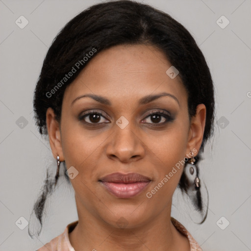 Joyful latino young-adult female with medium  brown hair and brown eyes