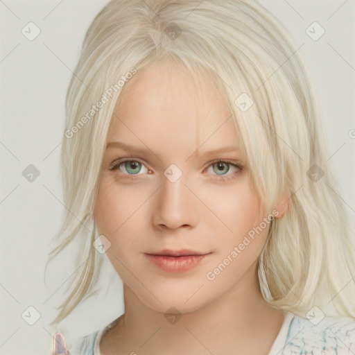 Neutral white young-adult female with medium  blond hair and blue eyes