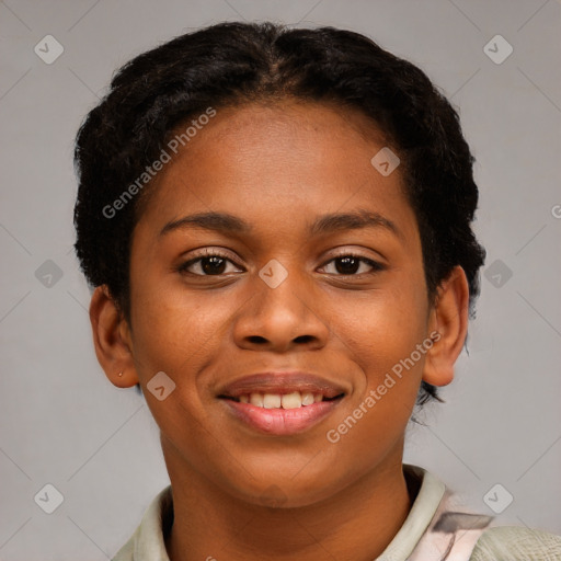 Joyful black young-adult female with short  brown hair and brown eyes