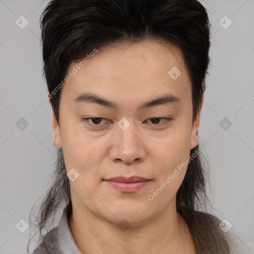 Joyful asian young-adult female with medium  brown hair and brown eyes