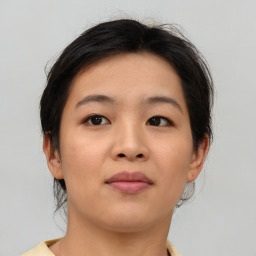 Neutral asian young-adult female with medium  brown hair and brown eyes