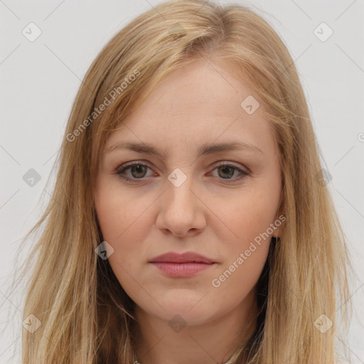 Neutral white young-adult female with long  brown hair and brown eyes