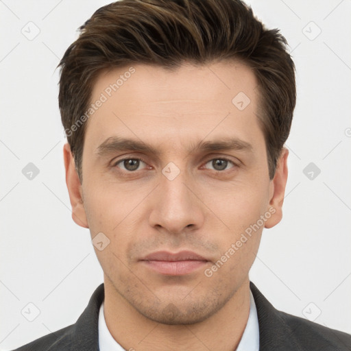 Neutral white young-adult male with short  brown hair and brown eyes